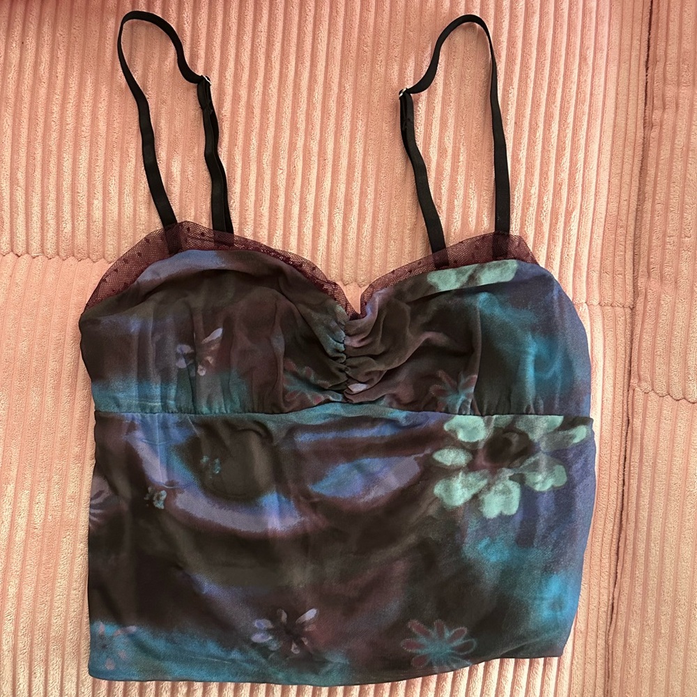 Free People Blue-Black Mesh Floral Tank